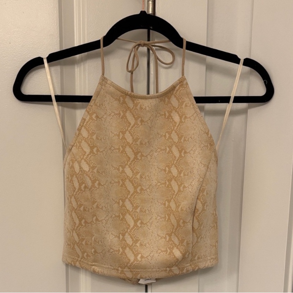 Honey Belle Beige Snake Print Halter Crop Top - Picture 4 of 9